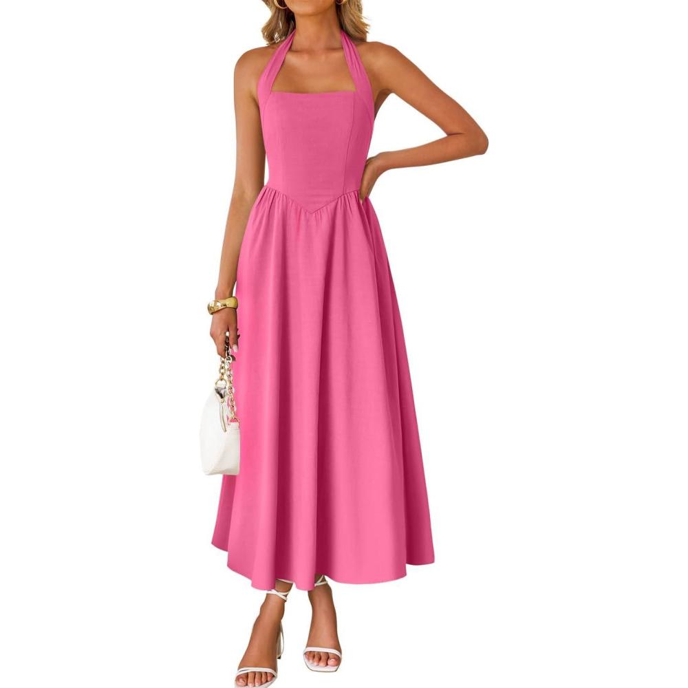 imageZESICA Womens Summer Sleeveless Halter Midi Dress 2026 Off Shoulder High Waist Flowy Beach Wedding Guest Long DressesHotpink