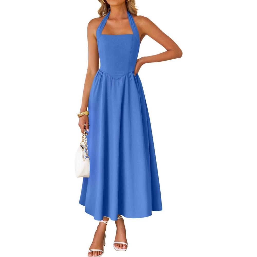 imageZESICA Womens Summer Sleeveless Halter Midi Dress 2026 Off Shoulder High Waist Flowy Beach Wedding Guest Long DressesRoyal Blue