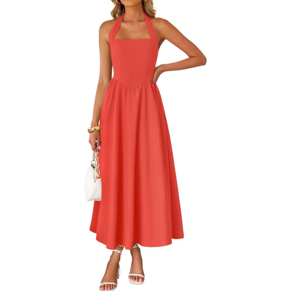 imageZESICA Womens Summer Sleeveless Halter Midi Dress 2026 Off Shoulder High Waist Flowy Beach Wedding Guest Long DressesWatermelonred