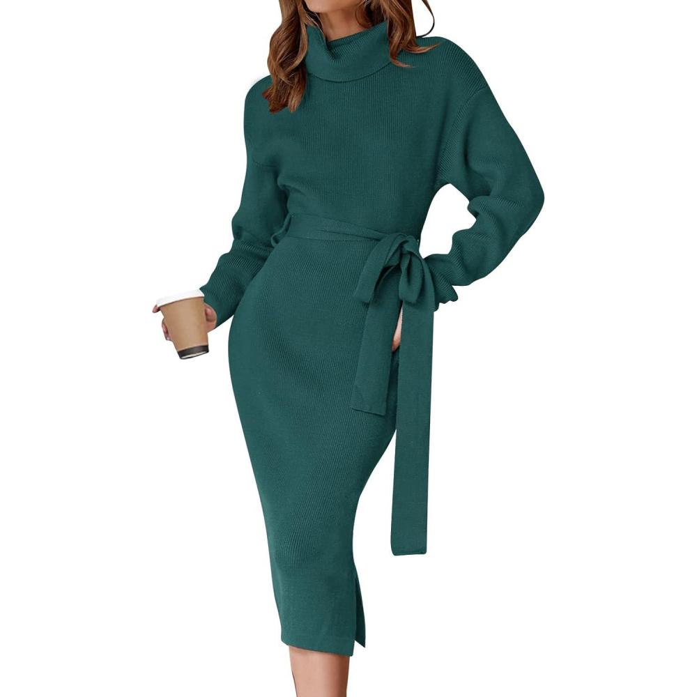imageZESICA Womens Turtleneck Sweater Midi Dress Long Sleeve Ribbed Knit Bodycon Slit Dress with BeltForestgreen