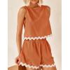 ZESICA Women’s 2024 Summer 2 Piece Outfits Set Linen Lace Trim Crewneck Tank Crop Top and Shorts Lounge Pajama Sets(Rust)