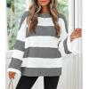 ZESICA Women’s 2026 Fall Long Sleeve Oversized Striped Color Block Comfy Loose Crew Neck Knitted Pullover Sweater(Grey)