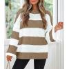 ZESICA Women’s 2026 Fall Long Sleeve Oversized Striped Color Block Comfy Loose Crew Neck Knitted Pullover Sweater(Lightkhaki)