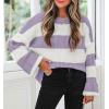 ZESICA Women’s 2026 Fall Long Sleeve Oversized Striped Color Block Comfy Loose Crew Neck Knitted Pullover Sweater(Lightpurple)