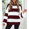 ZESICA Women’s 2026 Fall Long Sleeve Oversized Striped Color Block Comfy Loose Crew Neck Knitted Pullover Sweater(Wine)