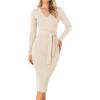 ZESICA Women’s 2026 Spring Sweater Dress V Neck Long Sleeve Ribbed Knit Tie Waist Bodycon Slim Fit Midi Dresses(Apricot)
