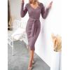 ZESICA Women’s 2026 Spring Sweater Dress V Neck Long Sleeve Ribbed Knit Tie Waist Bodycon Slim Fit Midi Dresses(Darkviolet)