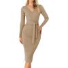 ZESICA Women’s 2026 Spring Sweater Dress V Neck Long Sleeve Ribbed Knit Tie Waist Bodycon Slim Fit Midi Dresses(Khaki)