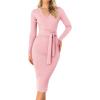 ZESICA Women’s 2026 Spring Sweater Dress V Neck Long Sleeve Ribbed Knit Tie Waist Bodycon Slim Fit Midi Dresses(Pink)