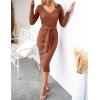 ZESICA Women’s 2026 Spring Sweater Dress V Neck Long Sleeve Ribbed Knit Tie Waist Bodycon Slim Fit Midi Dresses(Redbrown)
