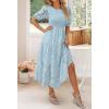 ZESICA Women’s 2026 Summer Short Puff Sleeve Crewneck Smocked Floral Lace Flowy A Line Tiered Maxi Dresses(Blue)