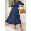 ZESICA Women’s 2026 Summer Short Puff Sleeve Crewneck Smocked Floral Lace Flowy A Line Tiered Maxi Dresses(Navy)