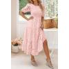 ZESICA Women’s 2026 Summer Short Puff Sleeve Crewneck Smocked Floral Lace Flowy A Line Tiered Maxi Dresses(Pink)
