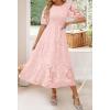 ZESICA Women’s 2026 Summer Short Puff Sleeve Crewneck Smocked Floral Lace Flowy A Line Tiered Maxi Dresses(Pink)