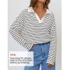ZESICA Womens Striped Long Sleeve Tops Oversized Sweatshirt V Neck Loose Fit Tunic Tops Spring Casual Blouses(White)