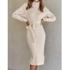 ZESICA Women’s Turtleneck Sweater Midi Dress Long Sleeve Ribbed Knit Bodycon Slit Dress with Belt(Apricot)