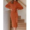 ZESICA Women’s Turtleneck Sweater Midi Dress Long Sleeve Ribbed Knit Bodycon Slit Dress with Belt(Maple)