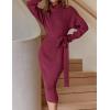 ZESICA Women’s Turtleneck Sweater Midi Dress Long Sleeve Ribbed Knit Bodycon Slit Dress with Belt(Plum)