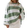 ZESICA Women’s 2026 Fall Long Sleeve Oversized Striped Color Block Comfy Loose Crew Neck Knitted Pullover Sweater(Green)