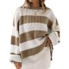 ZESICA Women’s 2026 Fall Long Sleeve Oversized Striped Color Block Comfy Loose Crew Neck Knitted Pullover Sweater(Lightkhaki)