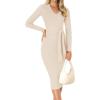 ZESICA Women’s 2026 Spring Sweater Dress V Neck Long Sleeve Ribbed Knit Tie Waist Bodycon Slim Fit Midi Dresses(Apricot)