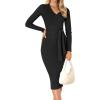 ZESICA Women’s 2026 Spring Sweater Dress V Neck Long Sleeve Ribbed Knit Tie Waist Bodycon Slim Fit Midi Dresses(Black)