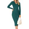 ZESICA Women’s 2026 Spring Sweater Dress V Neck Long Sleeve Ribbed Knit Tie Waist Bodycon Slim Fit Midi Dresses(Darkgreen)
