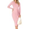 ZESICA Women’s 2026 Spring Sweater Dress V Neck Long Sleeve Ribbed Knit Tie Waist Bodycon Slim Fit Midi Dresses(Pink)