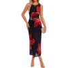 ZESICA Women’s 2026 Summer Floral Bodycon Midi Dress Sleeveless Crewneck Mesh Ruched Wedding Guest Party Long Dresses(Black)