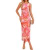 ZESICA Women’s 2026 Summer Floral Bodycon Midi Dress Sleeveless Crewneck Mesh Ruched Wedding Guest Party Long Dresses(Orange)
