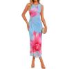 ZESICA Women’s 2026 Summer Floral Bodycon Midi Dress Sleeveless Crewneck Mesh Ruched Wedding Guest Party Long Dresses(Pink)