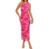 ZESICA Women’s 2026 Summer Floral Bodycon Midi Dress Sleeveless Crewneck Mesh Ruched Wedding Guest Party Long Dresses(Rose)
