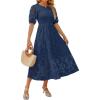 ZESICA Women’s 2026 Summer Short Puff Sleeve Crewneck Smocked Floral Lace Flowy A Line Tiered Maxi Dresses(Navy)