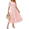 ZESICA Women’s 2026 Summer Short Puff Sleeve Crewneck Smocked Floral Lace Flowy A Line Tiered Maxi Dresses(Pink)