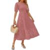 ZESICA Women’s 2026 Summer Short Puff Sleeve Crewneck Smocked Floral Lace Flowy A Line Tiered Maxi Dresses(Tearose)