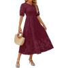 ZESICA Women’s 2026 Summer Short Puff Sleeve Crewneck Smocked Floral Lace Flowy A Line Tiered Maxi Dresses(Wine)
