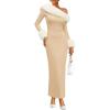 ZESICA Womens Off The Shoulder Faux Fur Sweater Dress 2026 Spring Winter Formal Long Sleeve Bodycon Maxi Cocktail Dresses(Apricot)