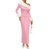 ZESICA Womens Off The Shoulder Faux Fur Sweater Dress 2026 Spring Winter Formal Long Sleeve Bodycon Maxi Cocktail Dresses(Pink)
