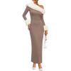 ZESICA Womens Off The Shoulder Faux Fur Sweater Dress 2026 Spring Winter Formal Long Sleeve Bodycon Maxi Cocktail Dresses(Sand)