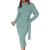 ZESICA Women’s Turtleneck Sweater Midi Dress Long Sleeve Ribbed Knit Bodycon Slit Dress with Belt(Lake)
