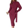 ZESICA Women’s Turtleneck Sweater Midi Dress Long Sleeve Ribbed Knit Bodycon Slit Dress with Belt(Plum)