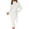 ZESICA Women’s Turtleneck Sweater Midi Dress Long Sleeve Ribbed Knit Bodycon Slit Dress with Belt(White)