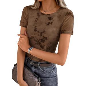 ZESICA Summer Floral Short Sleeve Tops for Womens 2026 Casual Crew Neck Going Out Mesh Shirts Fashion Clothes(Brown)