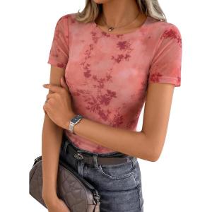 ZESICA Summer Floral Short Sleeve Tops for Womens 2026 Casual Crew Neck Going Out Mesh Shirts Fashion Clothes(Pink)