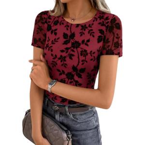 ZESICA Summer Floral Short Sleeve Tops for Womens 2026 Casual Crew Neck Going Out Mesh Shirts Fashion Clothes(Red)