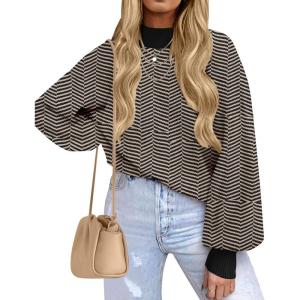 ZESICA Women’s 2026 Fall Fashion Turtleneck Long Sleeve Striped Ribbed Knit Loose Pullover Sweater Tops(Brownstripe)