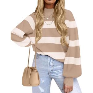 ZESICA Women’s 2026 Fall Fashion Turtleneck Long Sleeve Striped Ribbed Knit Loose Pullover Sweater Tops(Camel)