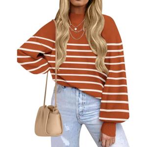 ZESICA Women’s 2026 Fall Fashion Turtleneck Long Sleeve Striped Ribbed Knit Loose Pullover Sweater Tops(Maple)