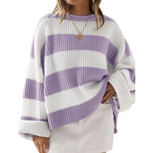 ZESICA Women’s 2026 Fall Long Sleeve Oversized Striped Color Block Comfy Loose Crew Neck Knitted Pullover Sweater(Lightpurple)