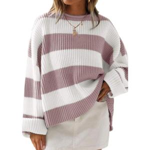 ZESICA Women’s 2026 Fall Long Sleeve Oversized Striped Color Block Comfy Loose Crew Neck Knitted Pullover Sweater(Pink)